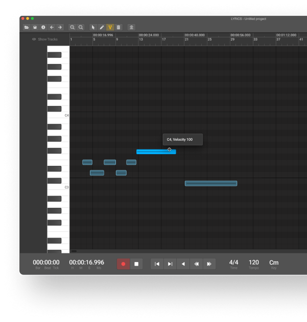 DAW piano roll detail